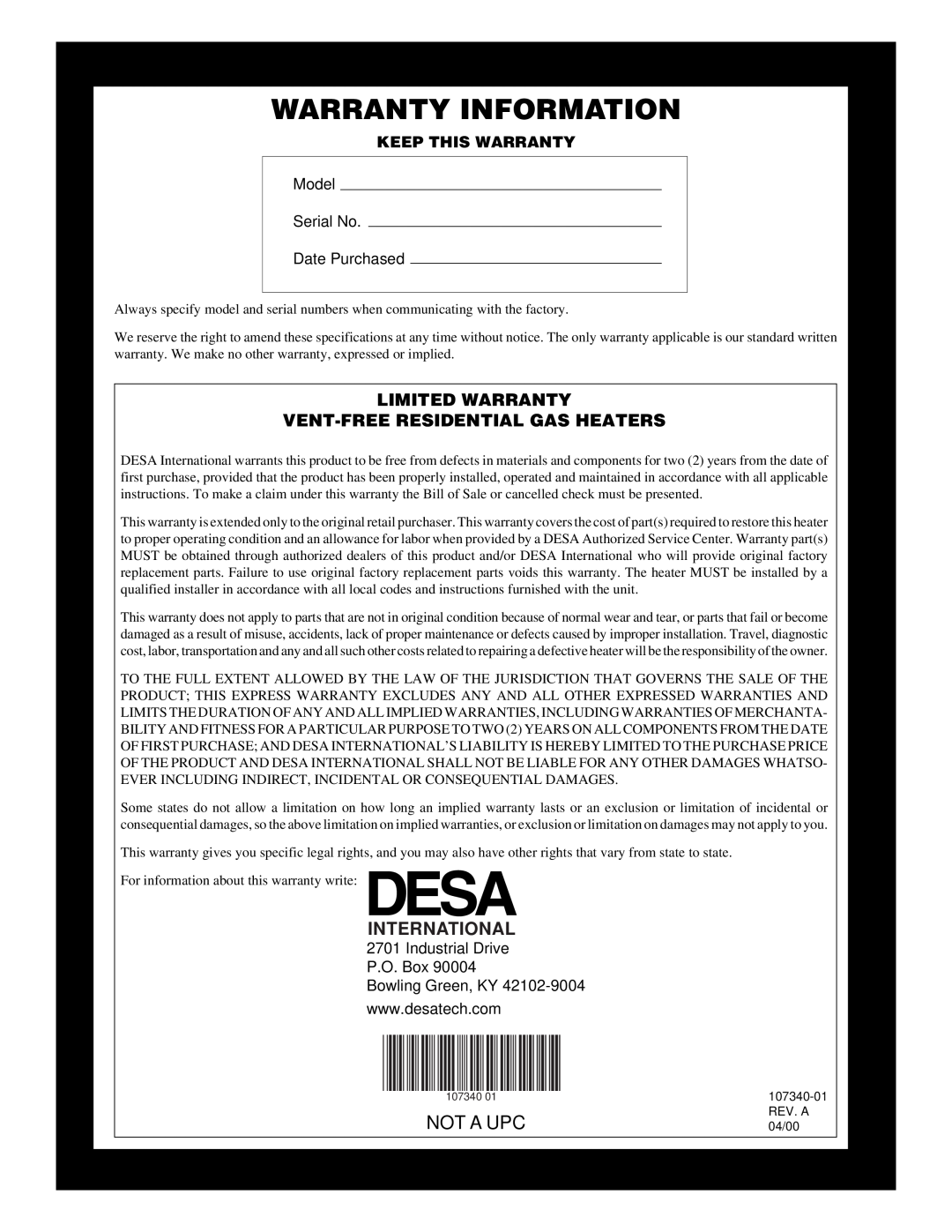 Desa FGHS30NGB Limited Warranty Vent-Freeresidential Gas Heaters, International, Warranty Information, Not A Upc 