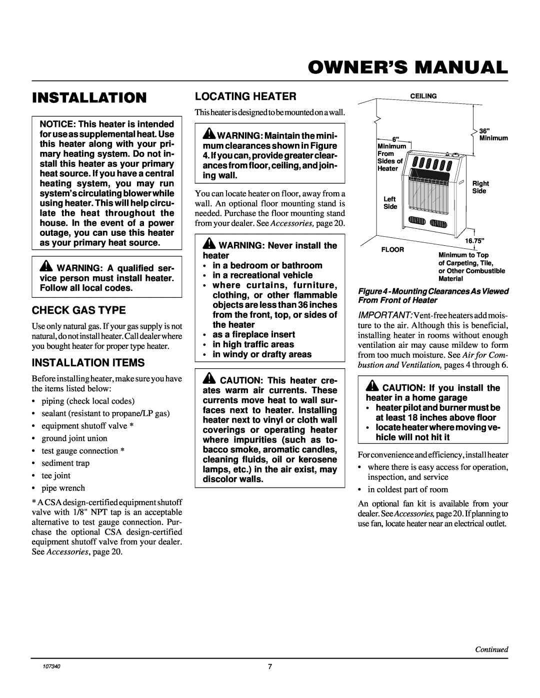 Desa FGHS30NGB installation manual Check Gas Type, Installation Items, Locating Heater 
