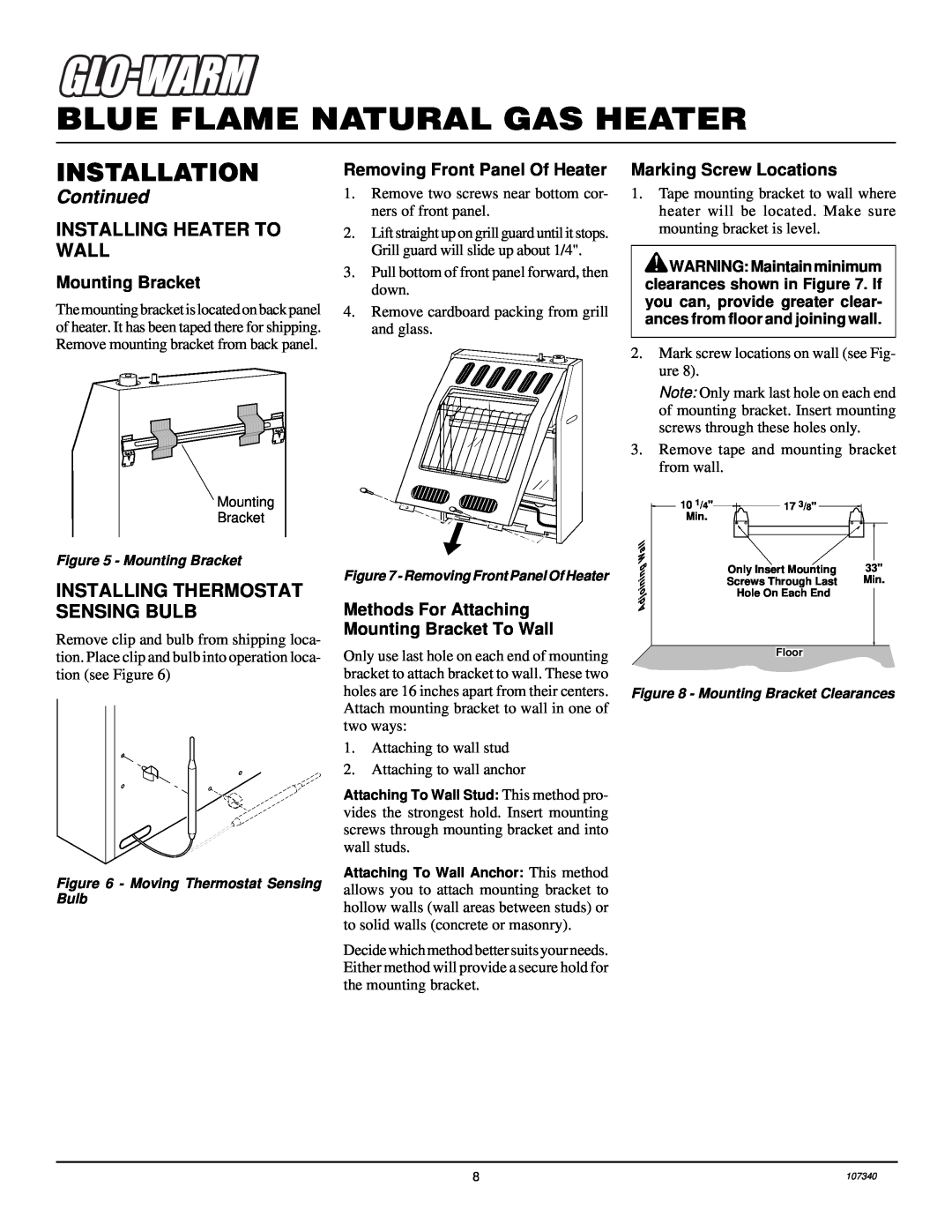 Desa FGHS30NGB Installing Heater To Wall, Installing Thermostat Sensing Bulb, Mounting Bracket, Marking Screw Locations 
