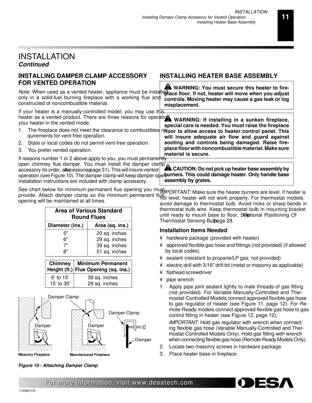 Desa FLAME-MAX Vintage Installing Damper Clamp Accessory for Vented Operation, Installing Heater Base Assembly 