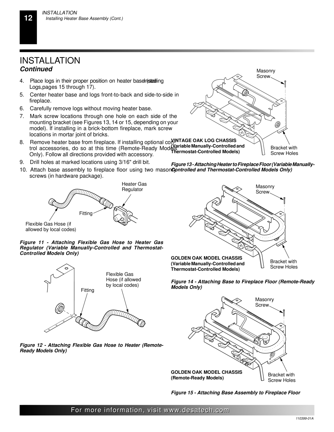 Desa FLAME-MAX Golden Logs, pages 15 through, Center heater base and logs front-to-back and side-to-side, Fireplace 