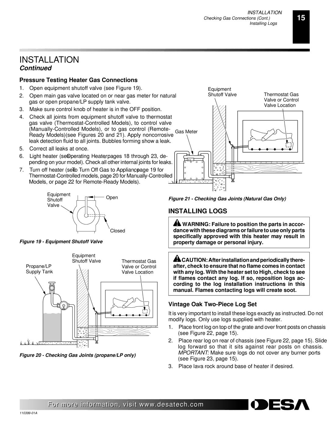 Desa FLAME-MAX Vintage Installing Logs, Pressure Testing Heater Gas Connections, Vintage Oak Two-Piece Log Set 