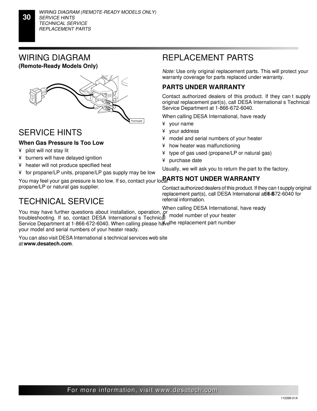 Desa FLAME-MAX Golden, FLAME-MAX Vintage Wiring Diagram, Service Hints, Technical Service, Replacement Parts 