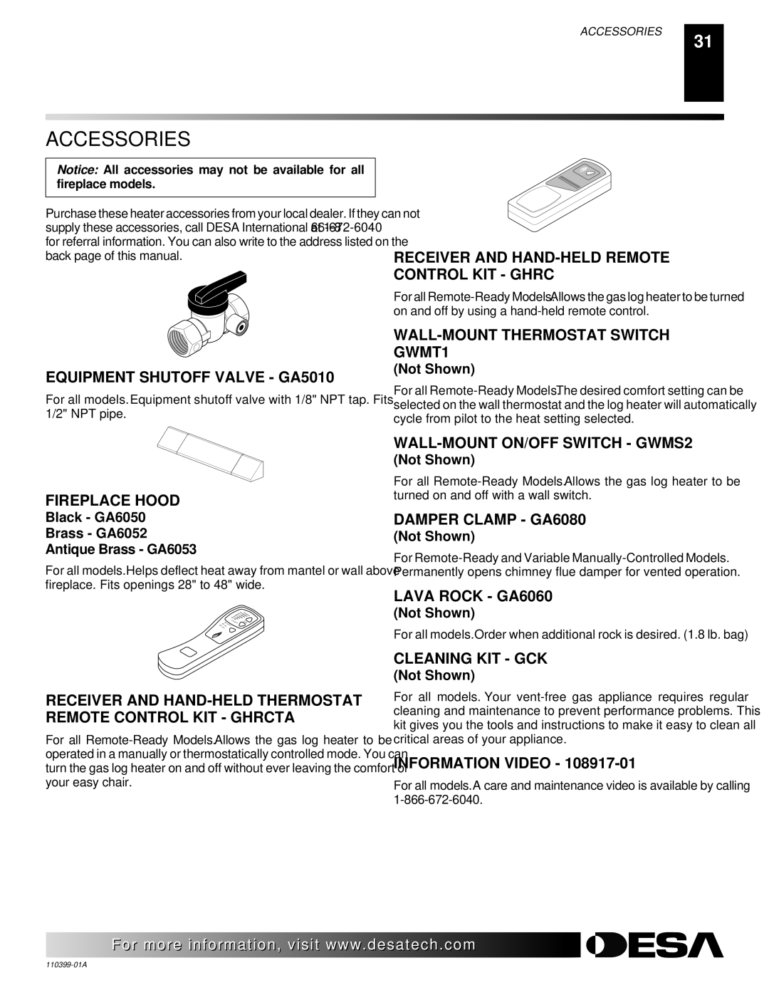 Desa FLAME-MAX Vintage, FLAME-MAX Golden installation manual Accessories 