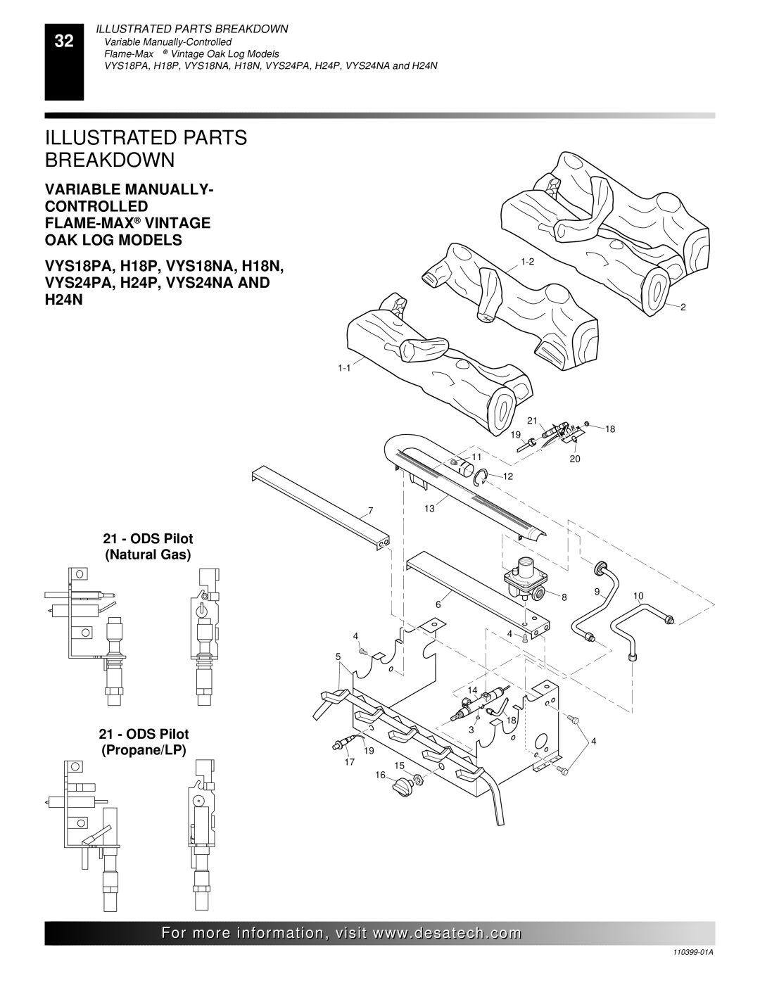 Desa FLAME-MAX Golden, FLAME-MAX Vintage Illustrated Parts Breakdown, ODS Pilot Natural Gas ODS Pilot Propane/LP 