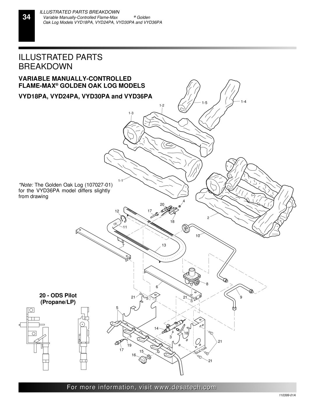 Desa FLAME-MAX Golden, FLAME-MAX Vintage installation manual Variable MANUALLY-CONTROLLED FLAME-MAXGOLDEN OAK LOG Models 