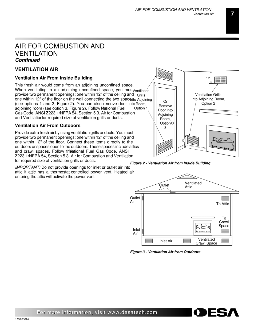 Desa FLAME-MAX Vintage Ventilation AIR, Ventilation Air From Inside Building, Ventilation Air From Outdoors 