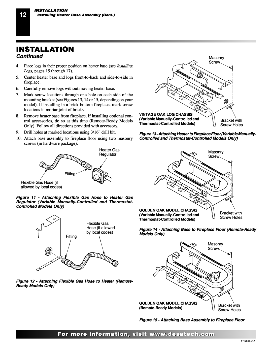 Desa FLAME-MAX Golden, FLAME-MAX Vintage installation manual Installation, Continued, Logs, pages 15 through 