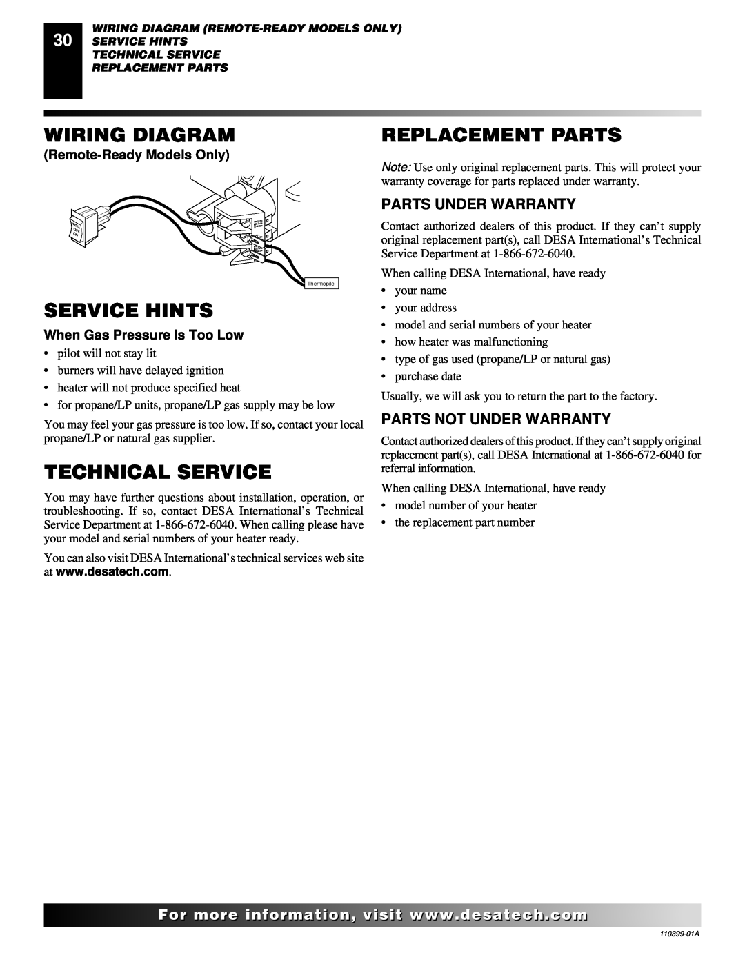 Desa FLAME-MAX Golden Wiring Diagram, Service Hints, Technical Service, Replacement Parts, Parts Under Warranty 