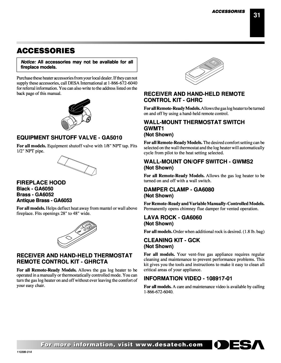 Desa FLAME-MAX Vintage Accessories, EQUIPMENT SHUTOFF VALVE - GA5010, Receiver And Hand-Heldremote Control Kit - Ghrc 