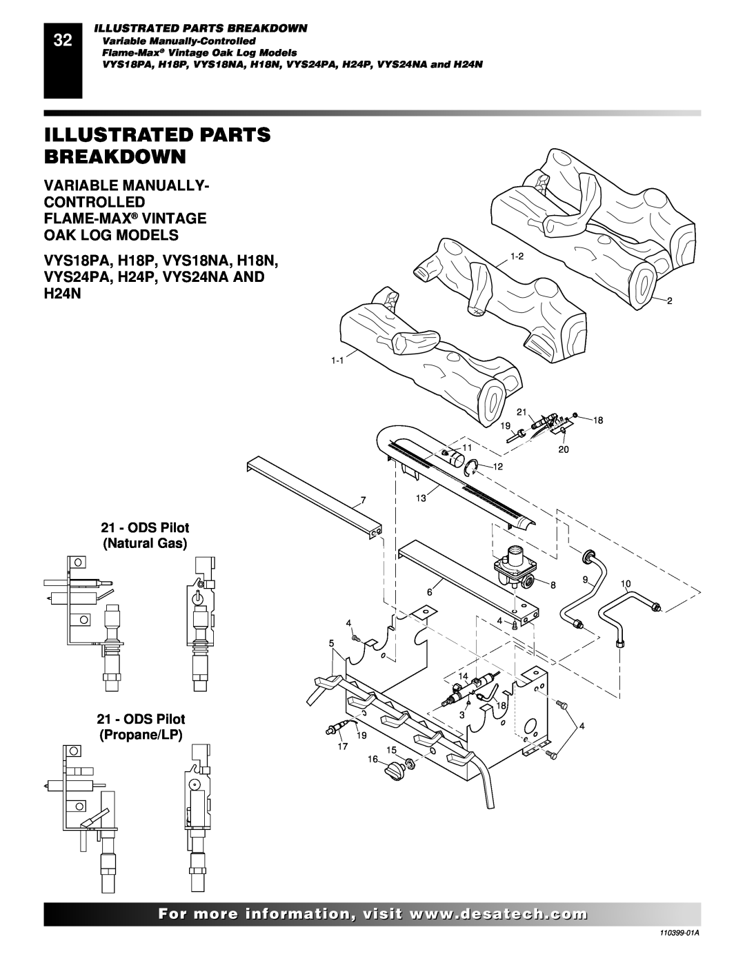 Desa FLAME-MAX Golden Illustrated Parts Breakdown, Variable Manually Controlled Flame-Max Vintage, Oak Log Models 