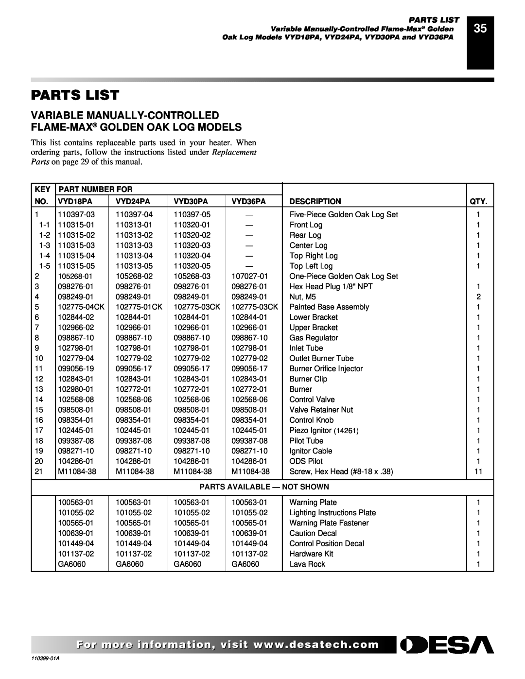 Desa FLAME-MAX Vintage Parts List, Variable Manually-Controlled, Flame-Max Golden Oak Log Models, Part Number For, VYD18PA 