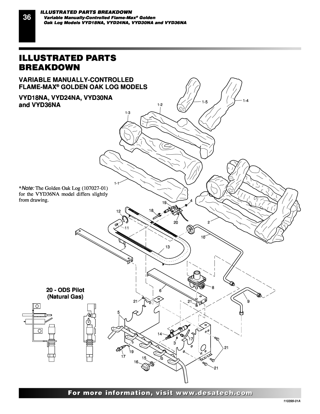 Desa FLAME-MAX Golden Illustrated Parts, Breakdown, VYD18NA, VYD24NA, VYD30NA, and VYD36NA, Natural Gas, ODS Pilot 