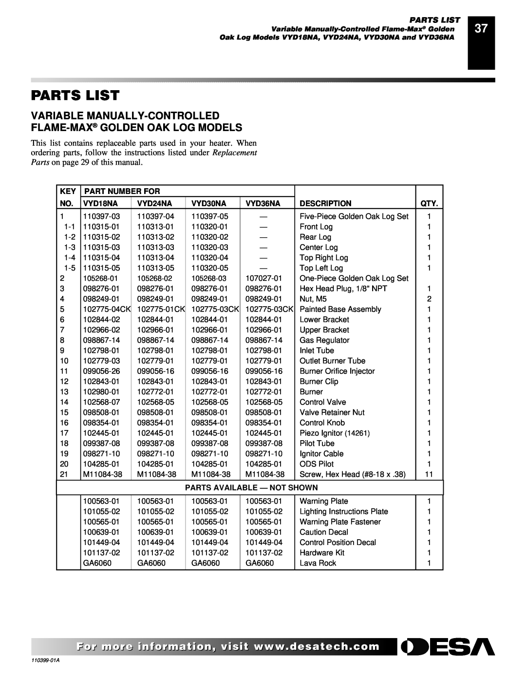 Desa FLAME-MAX Vintage Parts List, Variable Manually-Controlled, Flame-Max Golden Oak Log Models, Part Number For, VYD18NA 