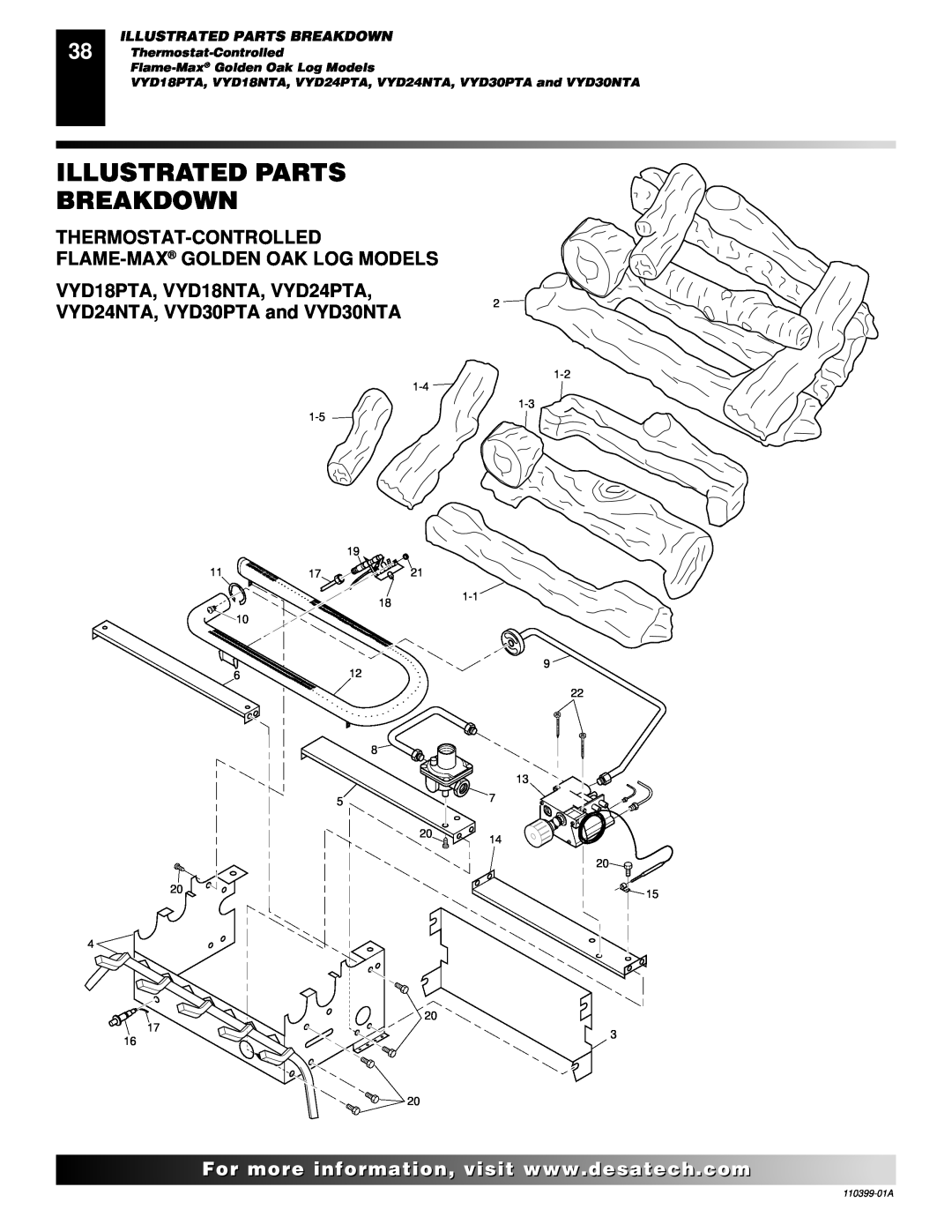 Desa FLAME-MAX Golden Illustrated Parts Breakdown, Thermostat-Controlled, Flame-Max Golden Oak Log Models 