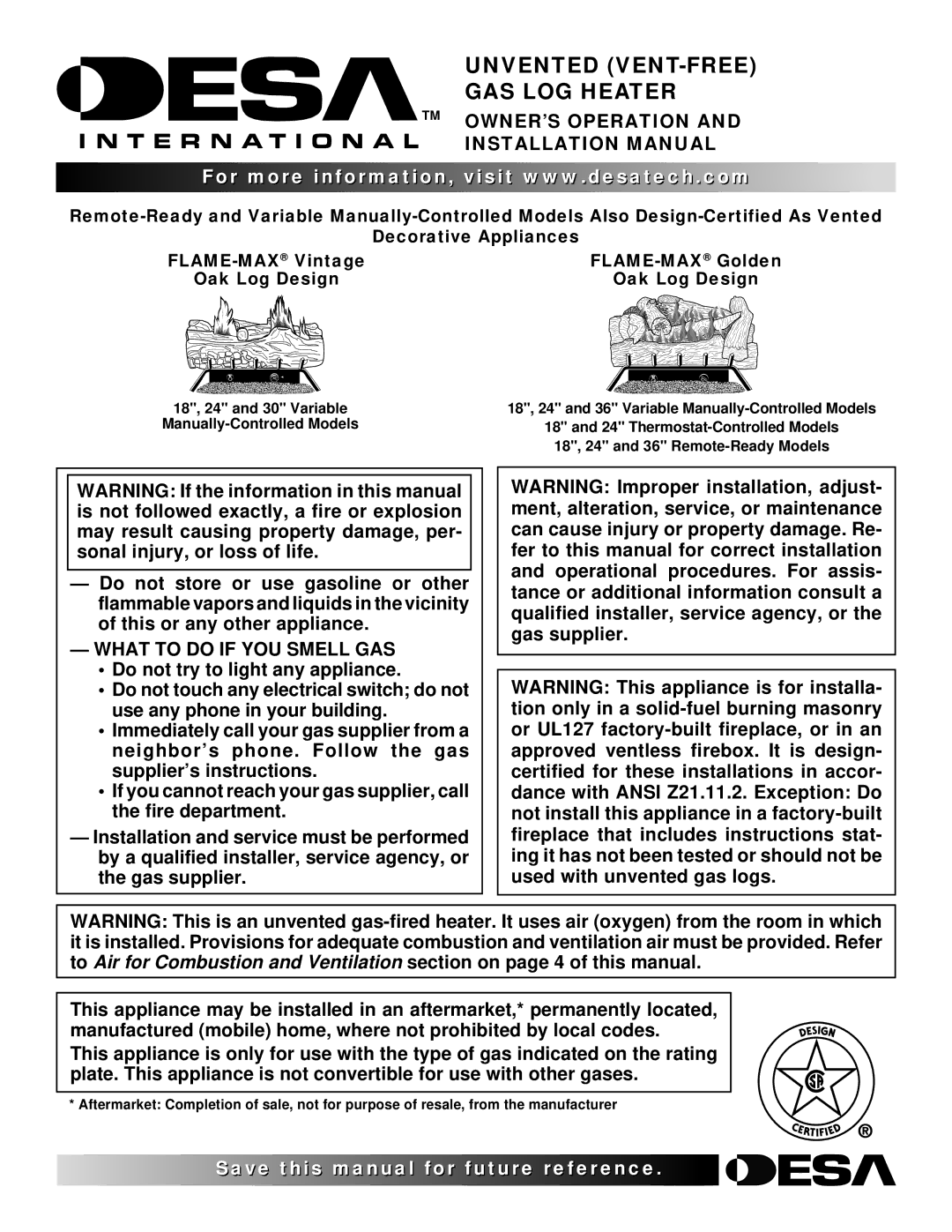 Desa LAME-MAX Golden Oak installation manual Unvented VENT-FREE GAS LOG Heater, What to do if YOU Smell GAS 