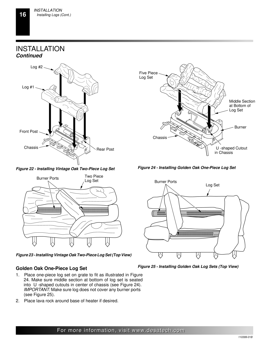 Desa FLAME-MAX VintageOak, LAME-MAX Golden Oak Golden Oak One-Piece Log Set, Installing Vintage Oak Two-Piece Log Set 