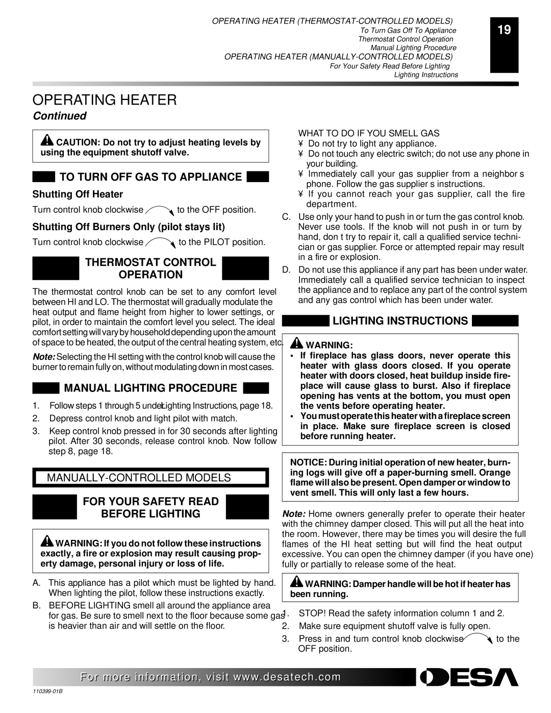 Desa LAME-MAX Golden Oak To Turn OFF GAS to Appliance, Thermostat Control Operation, Manual Lighting Procedure 