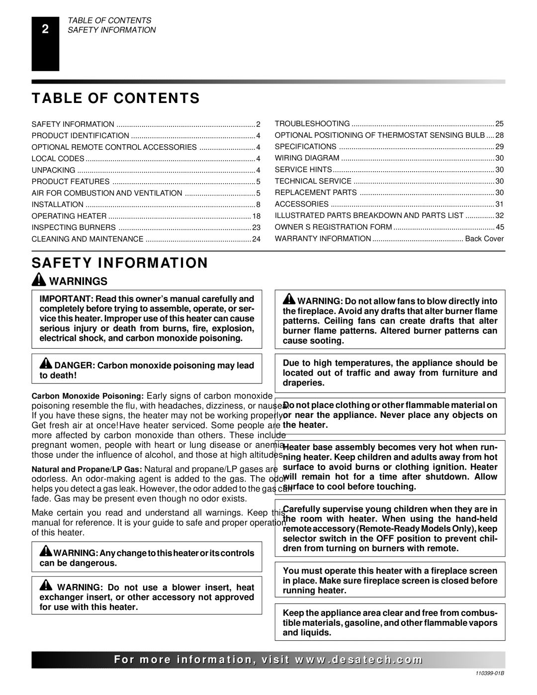 Desa FLAME-MAX VintageOak, LAME-MAX Golden Oak installation manual Table of Contents, Safety Information 