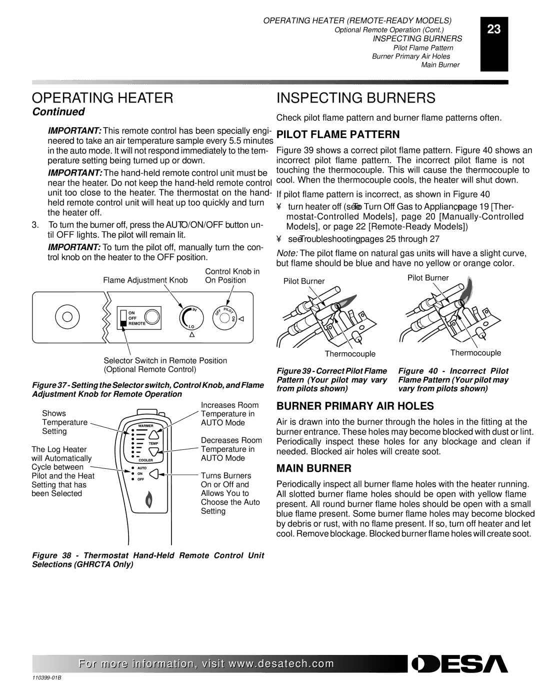 Desa LAME-MAX Golden Oak installation manual Inspecting Burners, Pilot Flame Pattern, Burner Primary AIR Holes, Main Burner 