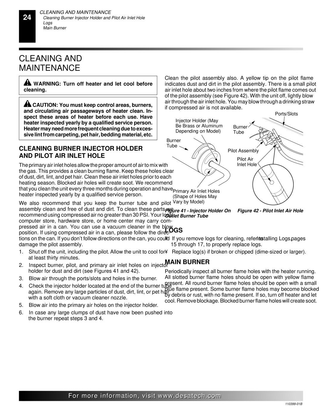 Desa FLAME-MAX VintageOak Cleaning and Maintenance, Cleaning Burner Injector Holder and Pilot AIR Inlet Hole, Logs 