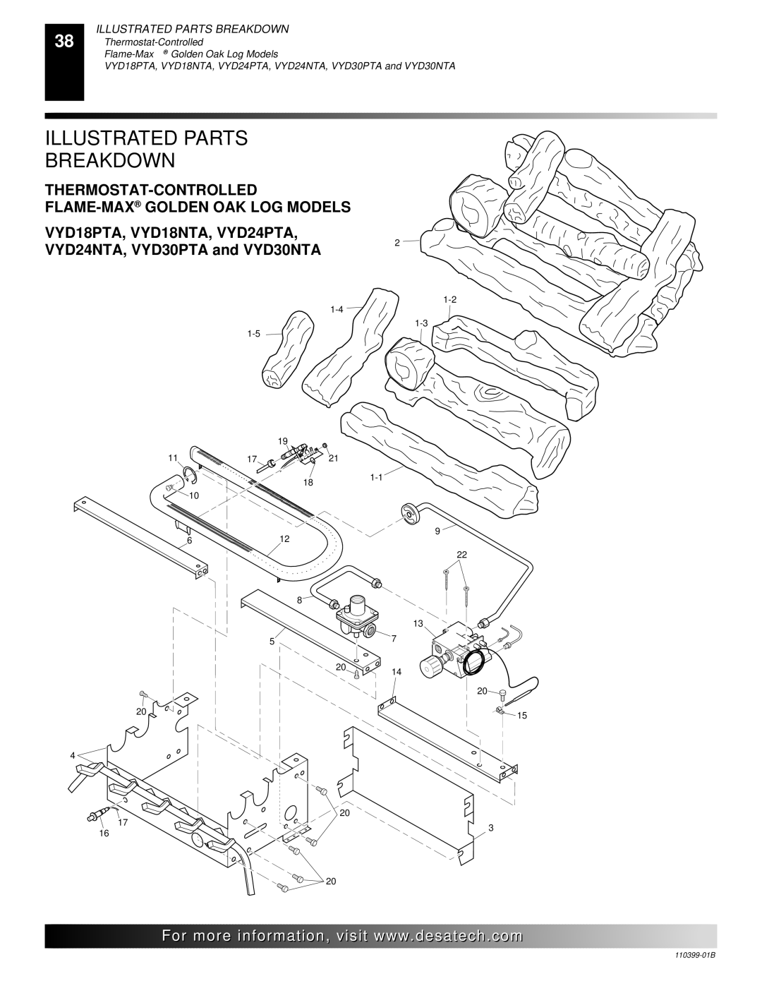 Desa FLAME-MAX VintageOak, LAME-MAX Golden Oak installation manual THERMOSTAT-CONTROLLED FLAME-MAXGOLDEN OAK LOG Models 