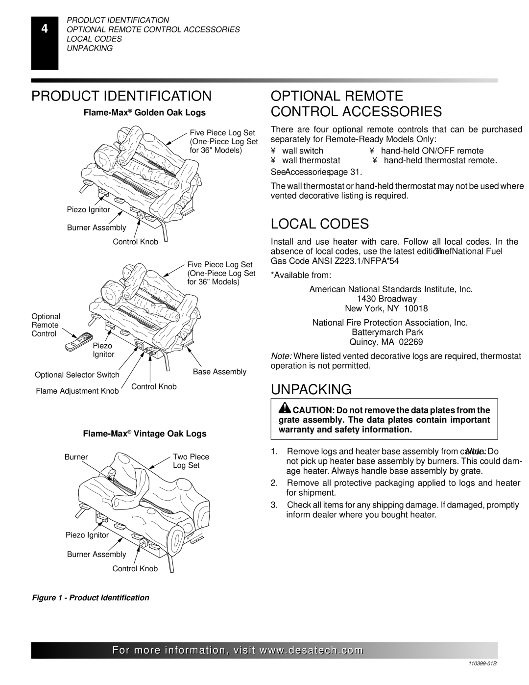 Desa FLAME-MAX VintageOak Product Identification, Optional Remote Control Accessories, Local Codes, Unpacking 