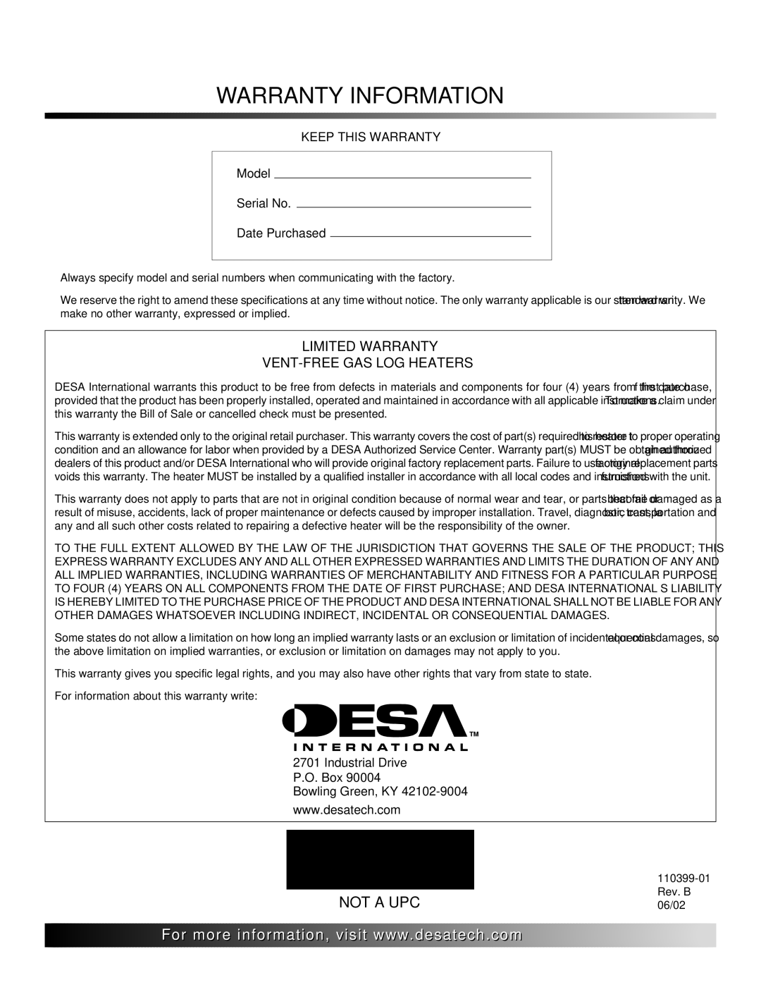 Desa FLAME-MAX VintageOak, LAME-MAX Golden Oak installation manual Warranty Information 