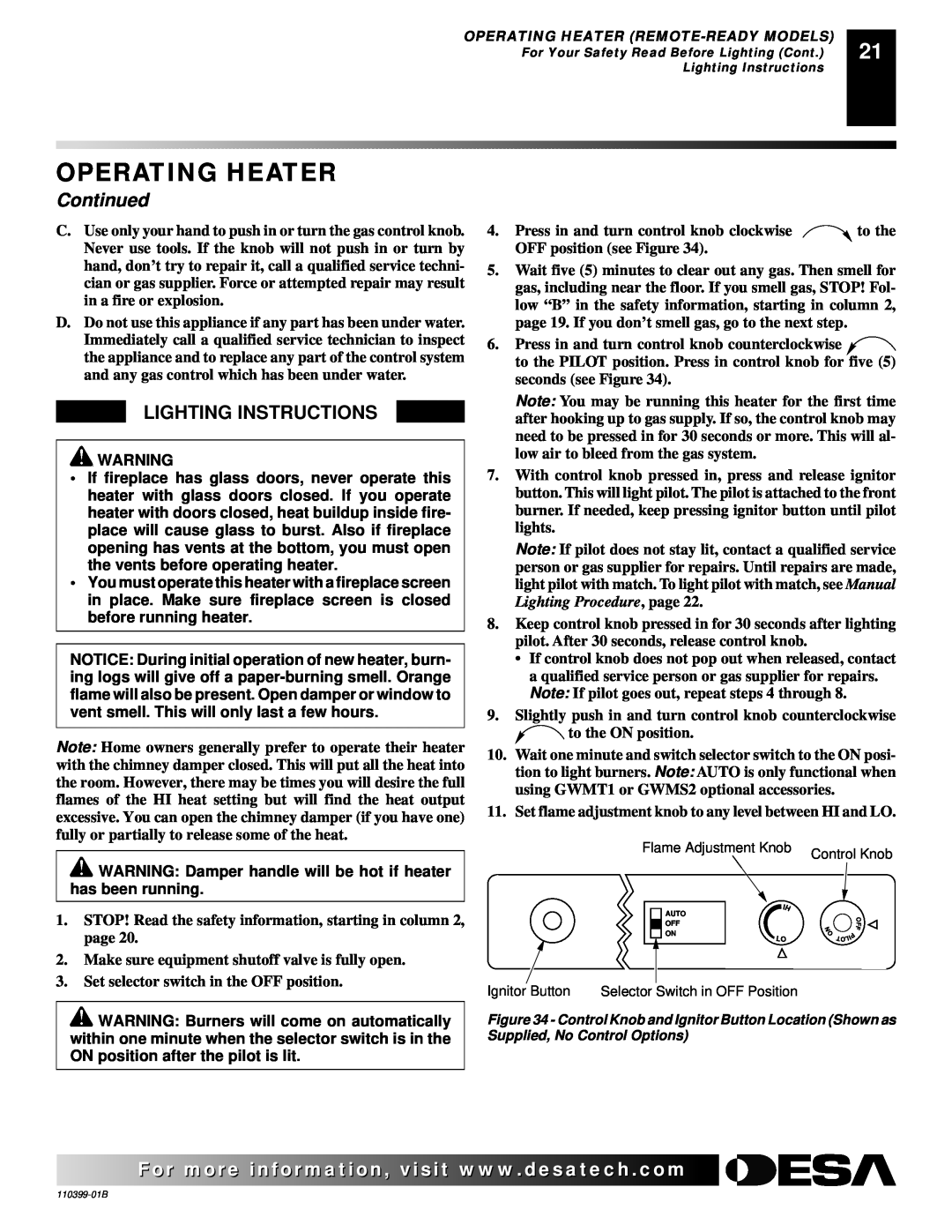 Desa LAME-MAX Golden Oak, FLAME-MAX VintageOak installation manual Operating Heater, Continued, Lighting Instructions 