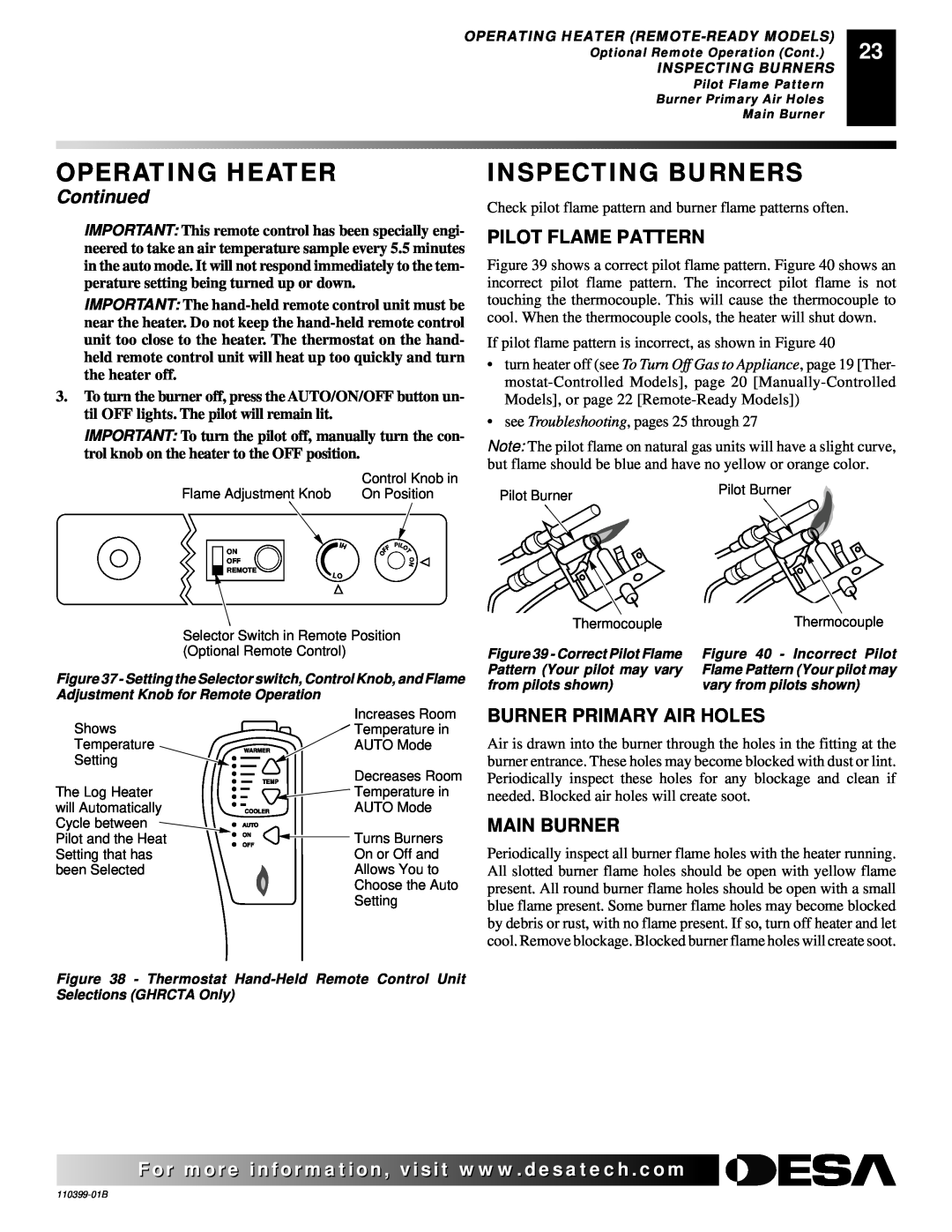 Desa LAME-MAX Golden Oak Inspecting Burners, Pilot Flame Pattern, Burner Primary Air Holes, Main Burner, Operating Heater 