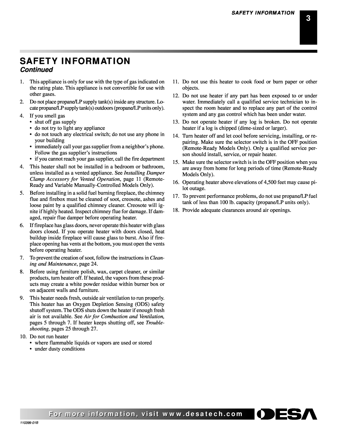 Desa LAME-MAX Golden Oak, FLAME-MAX VintageOak installation manual Continued, Safety Information 