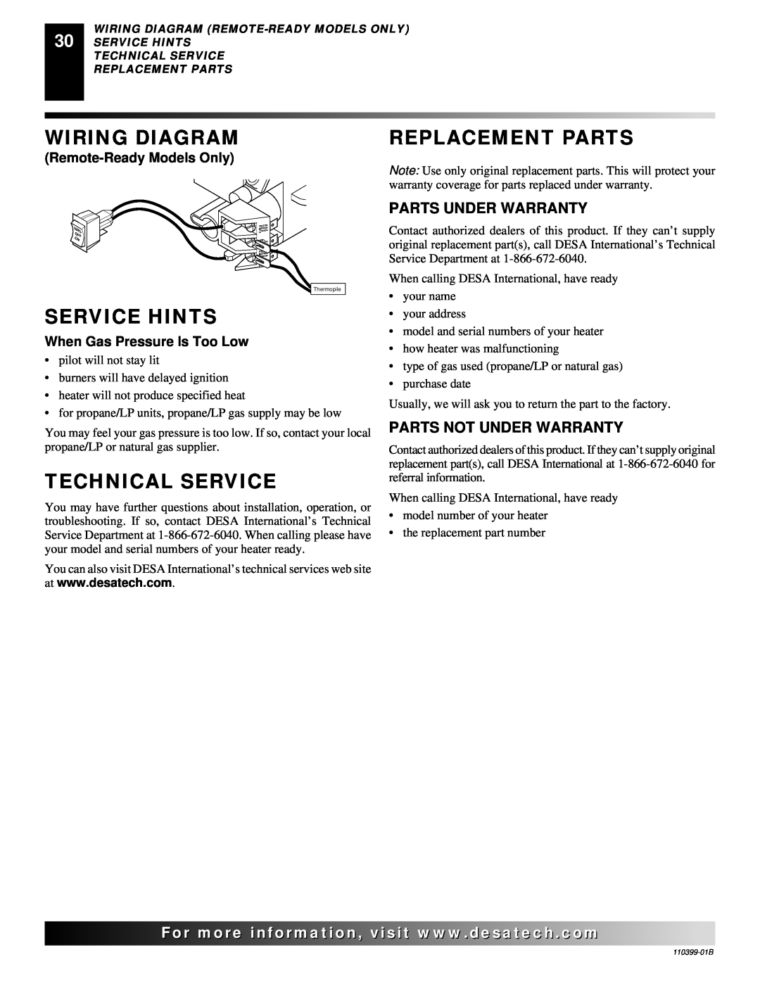 Desa FLAME-MAX VintageOak Wiring Diagram, Service Hints, Technical Service, Replacement Parts, Parts Under Warranty 