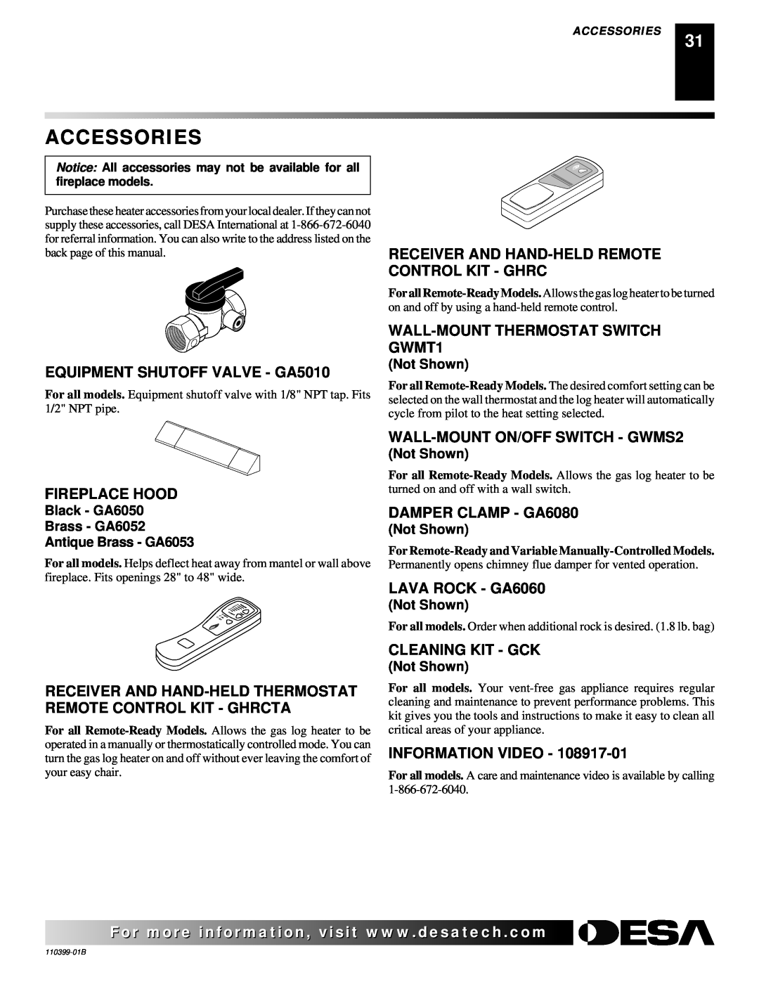 Desa LAME-MAX Golden Oak Accessories, EQUIPMENT SHUTOFF VALVE - GA5010, Receiver And Hand-Heldremote Control Kit - Ghrc 