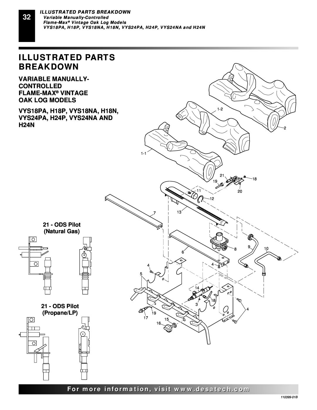 Desa FLAME-MAX VintageOak Illustrated Parts Breakdown, Variable Manually Controlled Flame-Max Vintage, Oak Log Models 