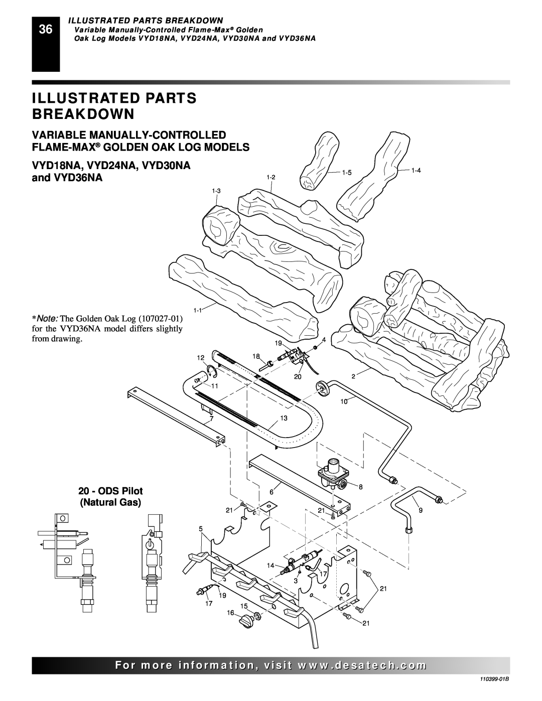 Desa FLAME-MAX VintageOak Illustrated Parts, Breakdown, VYD18NA, VYD24NA, VYD30NA, and VYD36NA, Natural Gas, ODS Pilot 