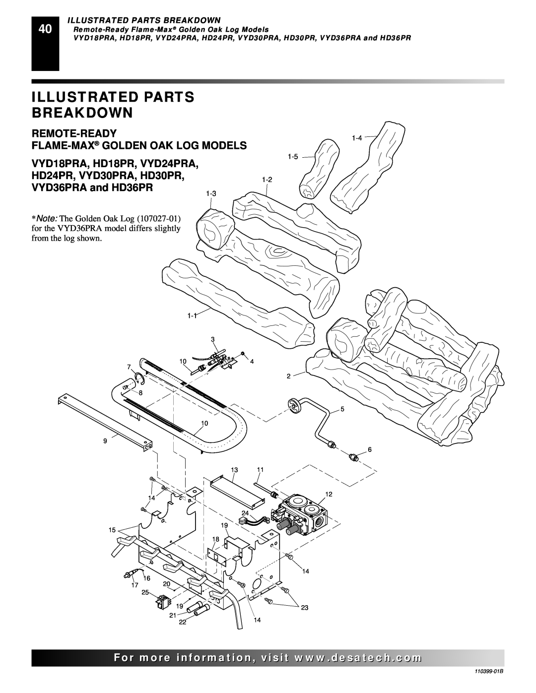 Desa FLAME-MAX VintageOak, LAME-MAX Golden Oak Remote-Ready, Illustrated Parts Breakdown, Flame-Max Golden Oak Log Models 