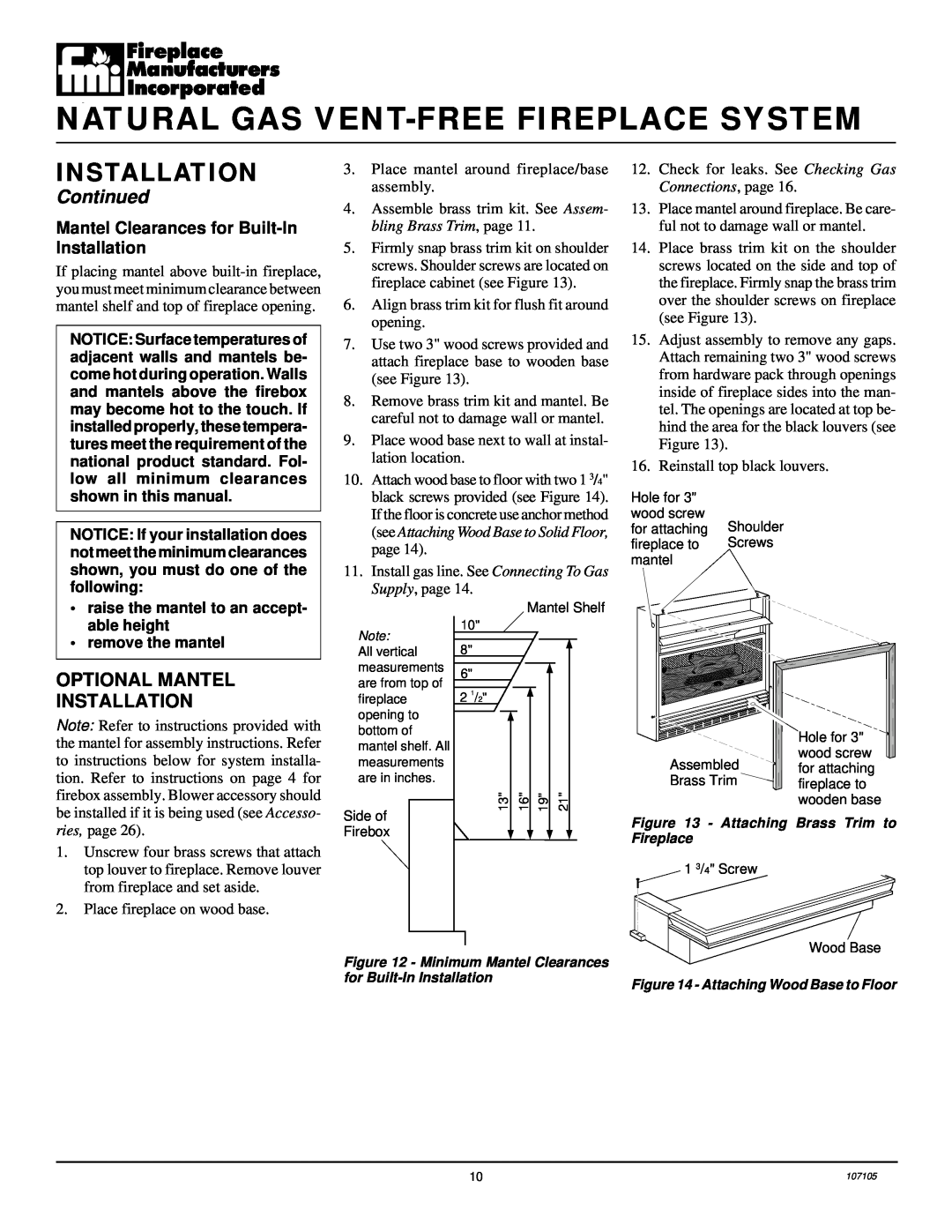 Desa FMH26TN 14 installation manual Optional Mantel Installation, Mantel Clearances for Built-InInstallation, Continued 