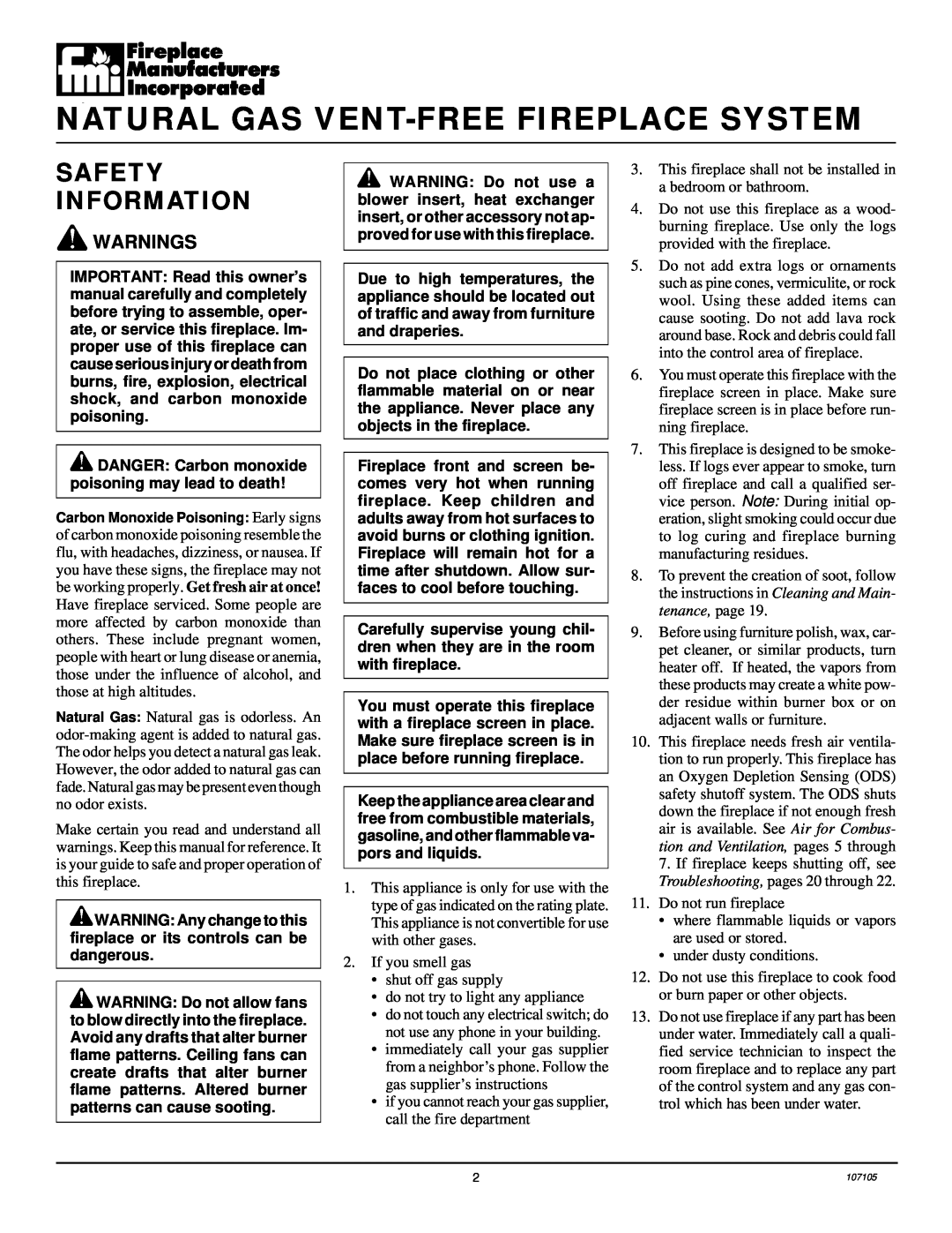 Desa FMH26TN 14 installation manual Natural Gas Vent-Freefireplace System, Safety Information, Warnings 