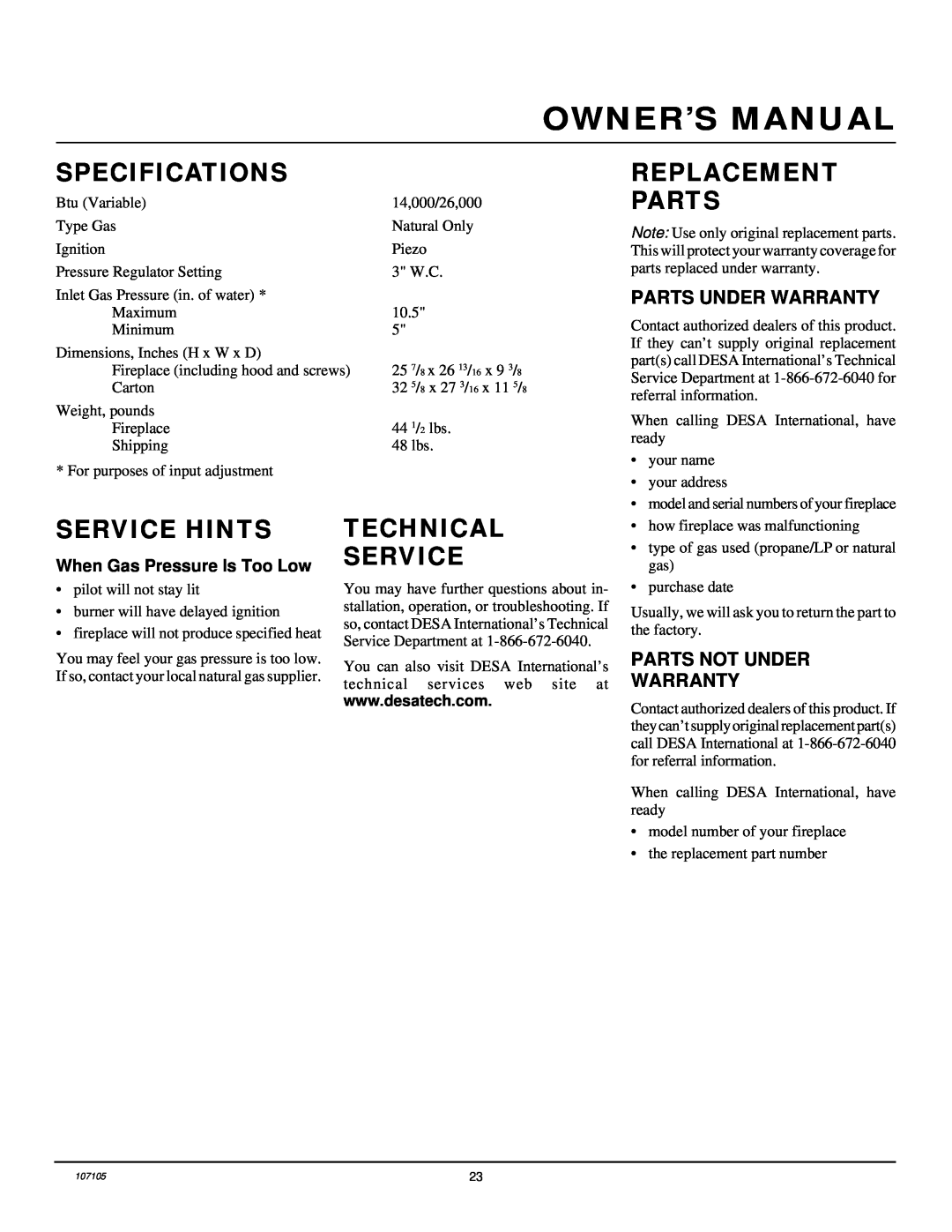 Desa FMH26TN 14 Specifications, Replacement Parts, Service Hints, Technical Service, Parts Under Warranty 