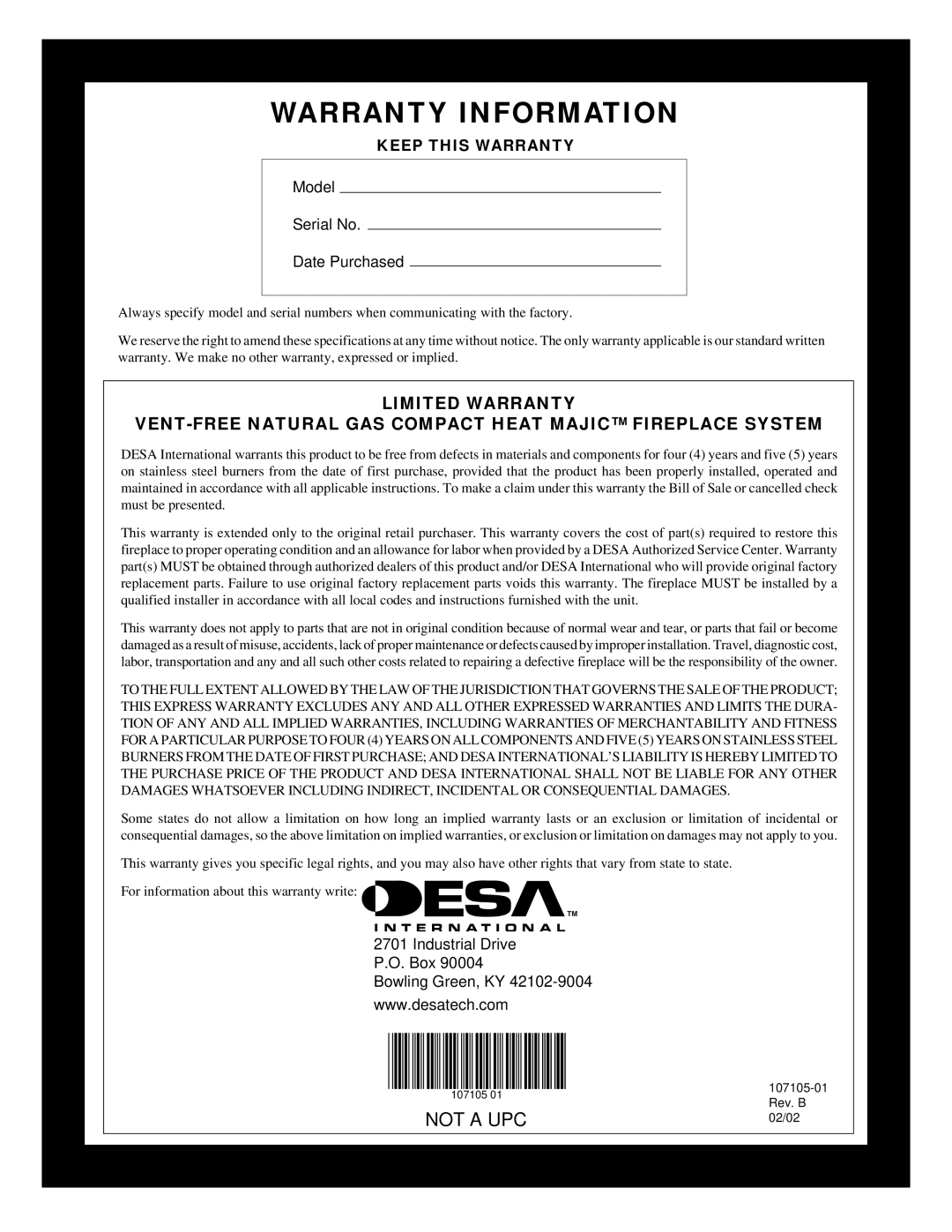 Desa FMH26TN 14 installation manual Warranty Information, Limited Warranty, Not A Upc, Model Serial No Date Purchased 
