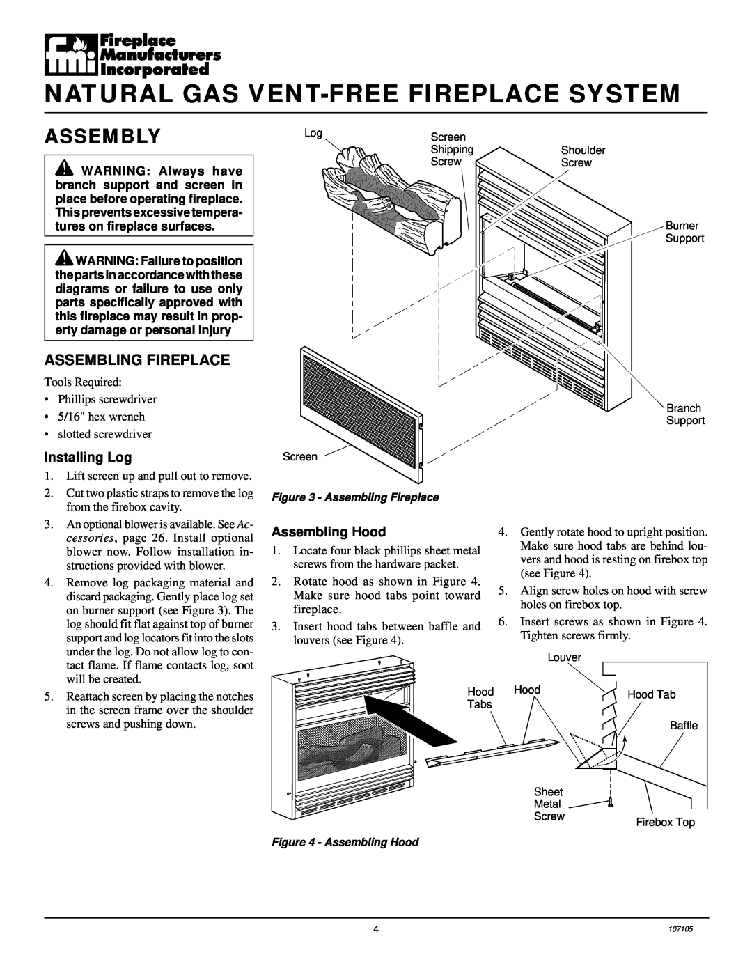 Desa FMH26TN 14 Assembly, Assembling Fireplace, Installing Log, Assembling Hood, cessories, page 26. Install optional 