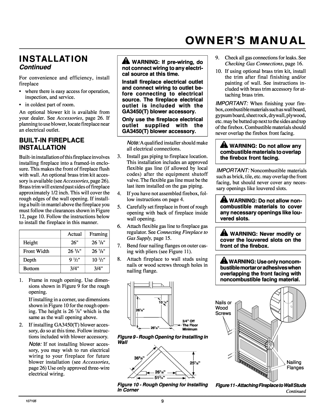 Desa FMH26TN 14 installation manual Built-Infireplace Installation, Continued 