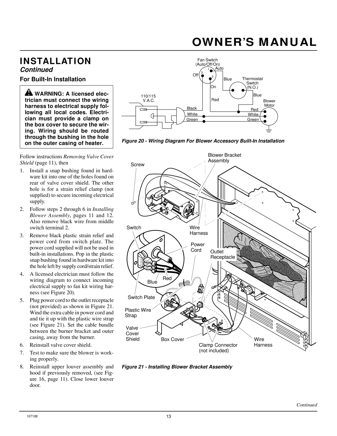 Desa FMH26TP installation manual For Built-In Installation, Wiring Diagram For Blower Accessory Built-In Installation 