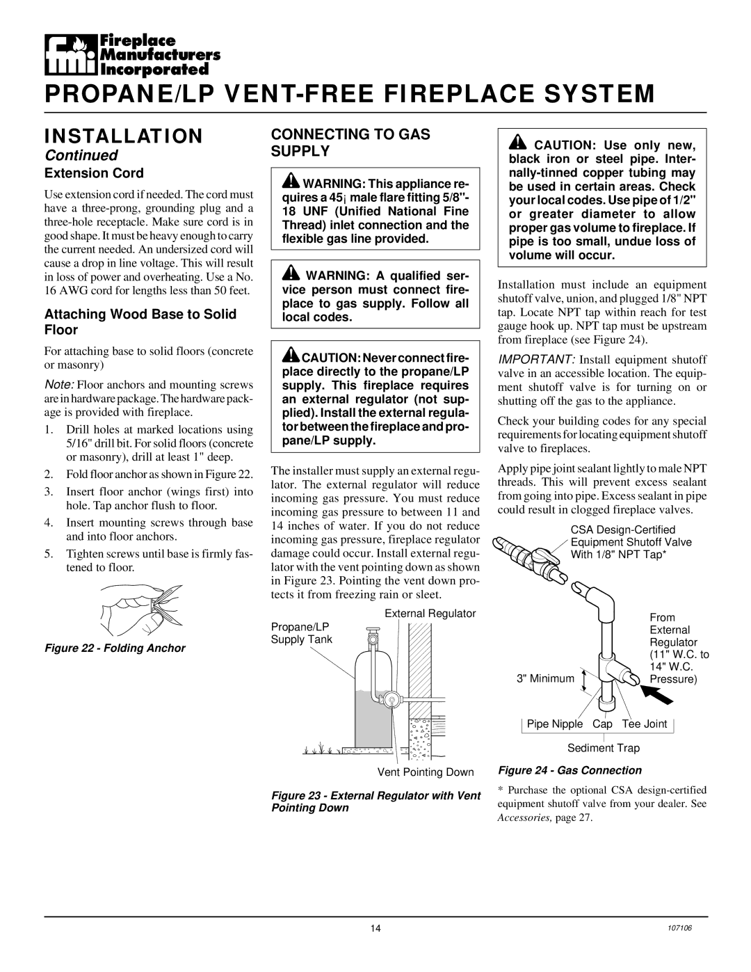 Desa FMH26TP installation manual Connecting to GAS Supply, Extension Cord, Attaching Wood Base to Solid Floor 