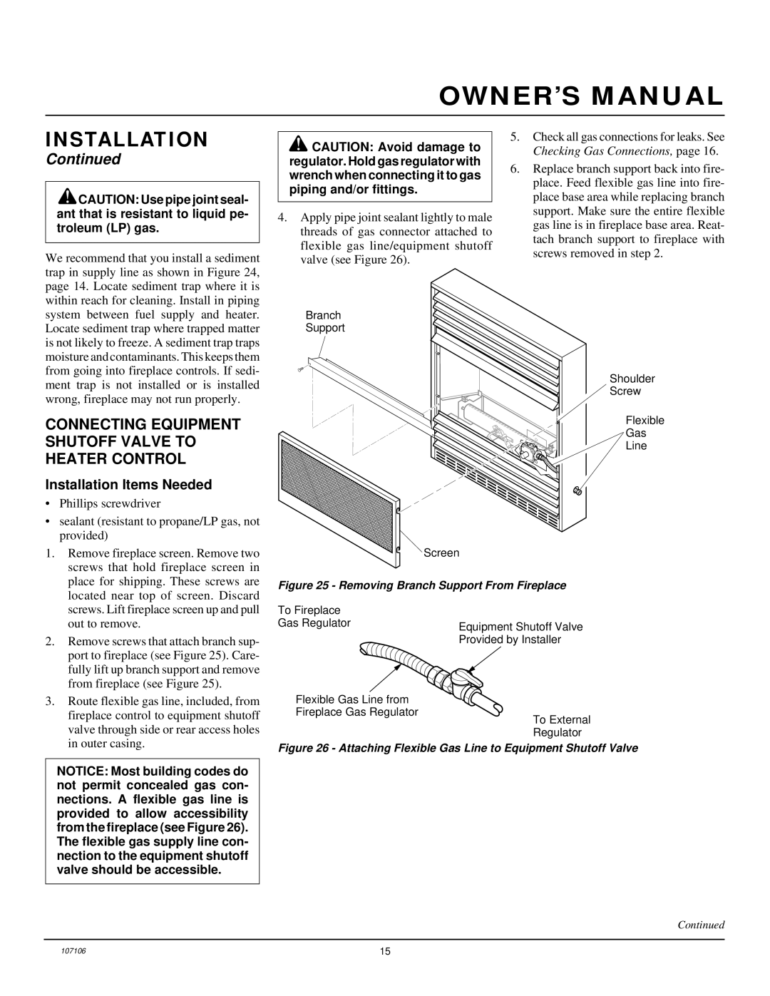 Desa FMH26TP installation manual Connecting Equipment Shutoff Valve to Heater Control, Installation Items Needed 