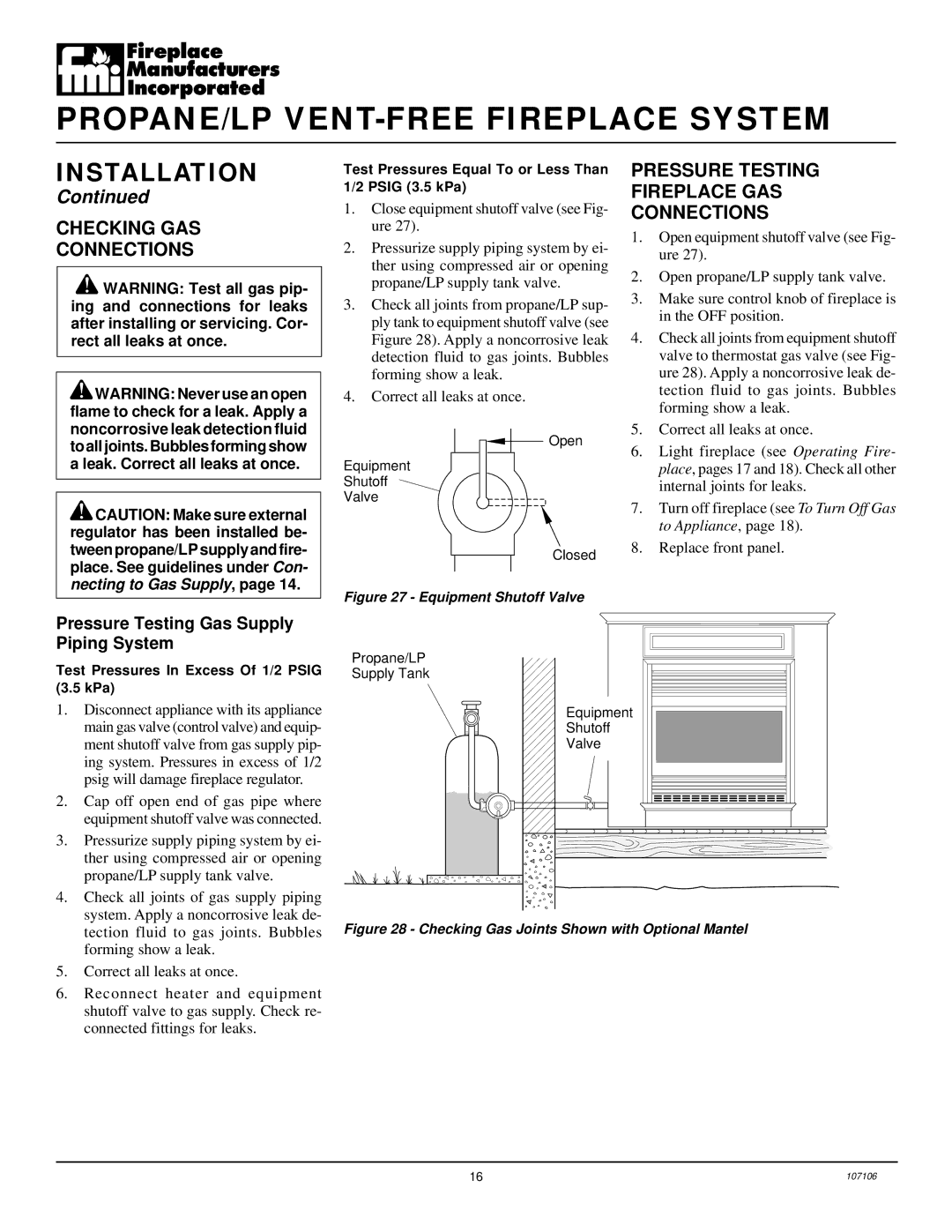 Desa FMH26TP installation manual Checking GAS Connections, Pressure Testing Fireplace GAS Connections 