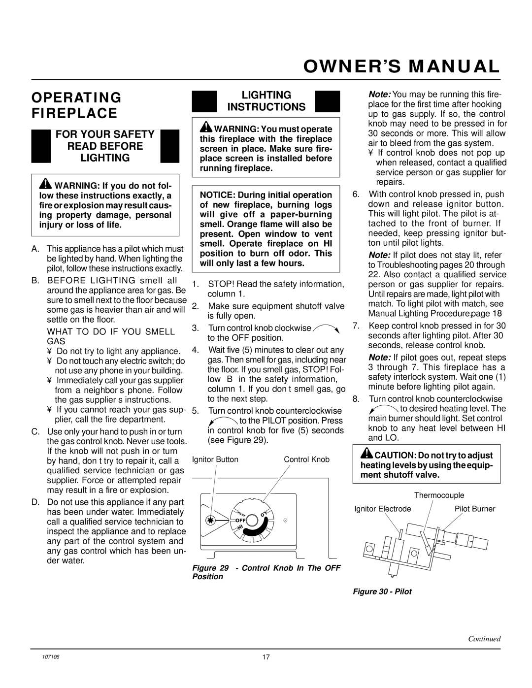 Desa FMH26TP installation manual Operating Fireplace, For Your Safety Read Before Lighting, Lighting Instructions 