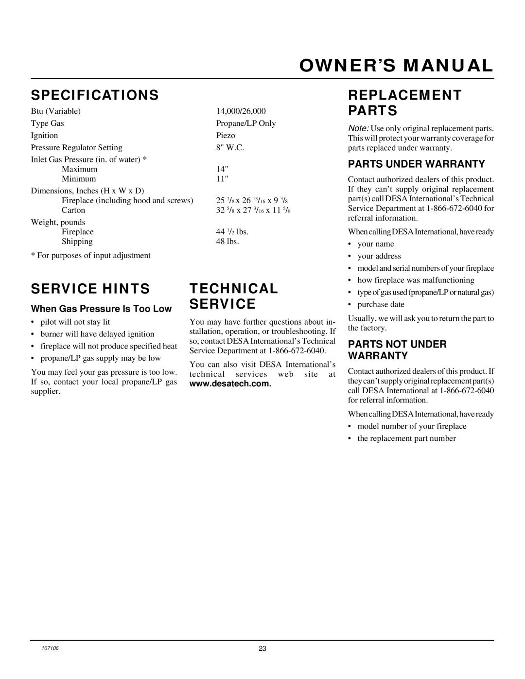 Desa FMH26TP installation manual Specifications, Replacement Parts, Service Hints, Technical Service 