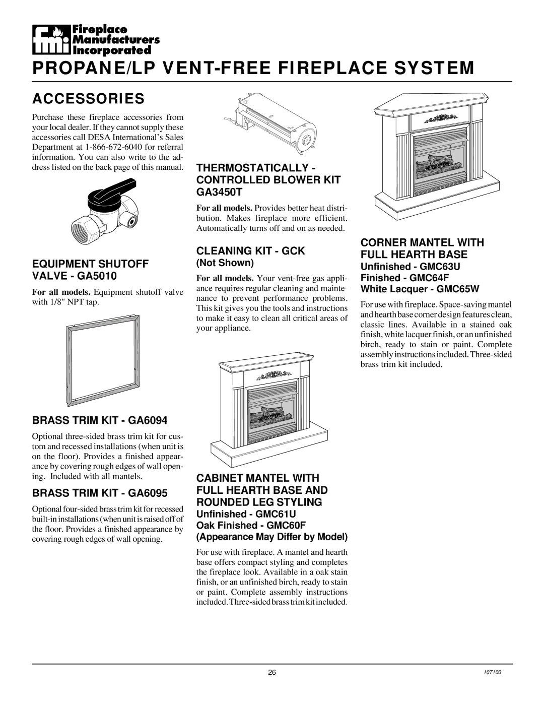 Desa FMH26TP installation manual Accessories 