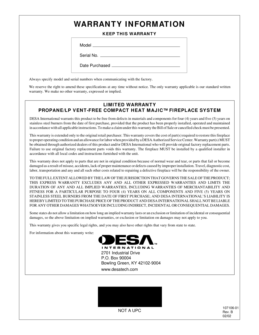 Desa FMH26TP installation manual Warranty Information 